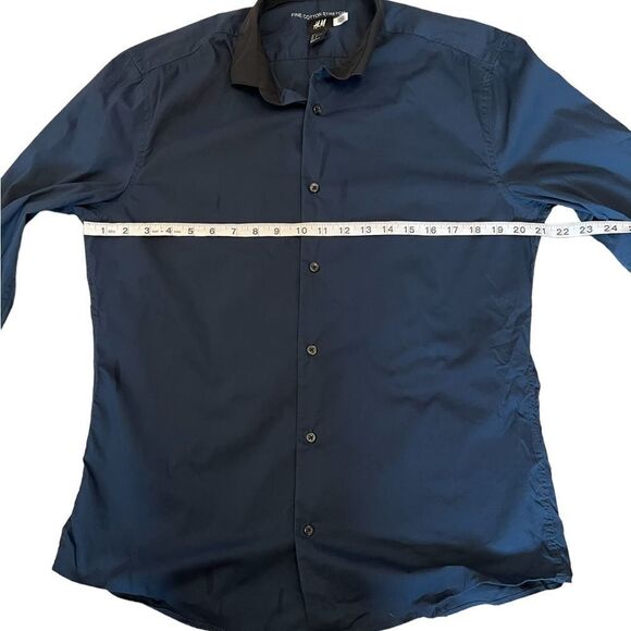MENS H&M 5 Cotton Stretch Navy Blue Long Sleeve Button Up Dress Shirt L - Picture 5 of 8